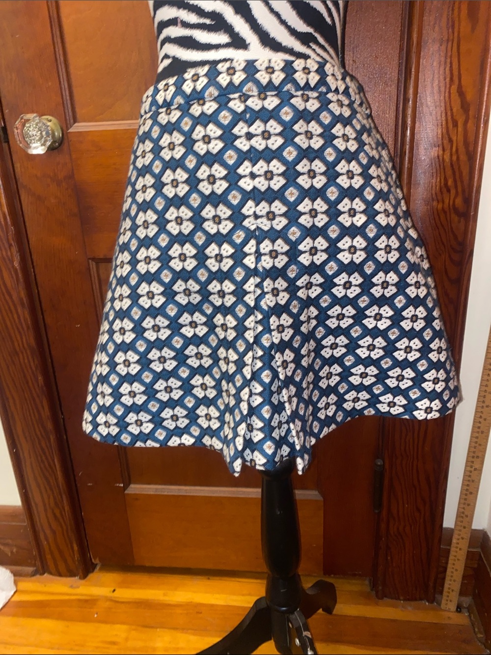 Zara Navy Blue and White Patterned Skater Skirt